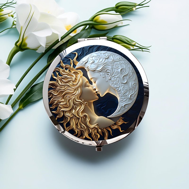 Silver Compact Mirror, 2.8x2.8inch Double-Sided Folding Makeup Mirror with Moon Goddess Face Design, Ideal Gift for Women