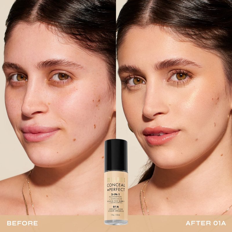 Milani Conceal + Perfect 2-in-1 Foundation + Concealer for a Flawless Complexion, Under Eye Corrector, Cover Redness and Imperfections, Waterproof and Sweatproof - 01A-Creamy Nude