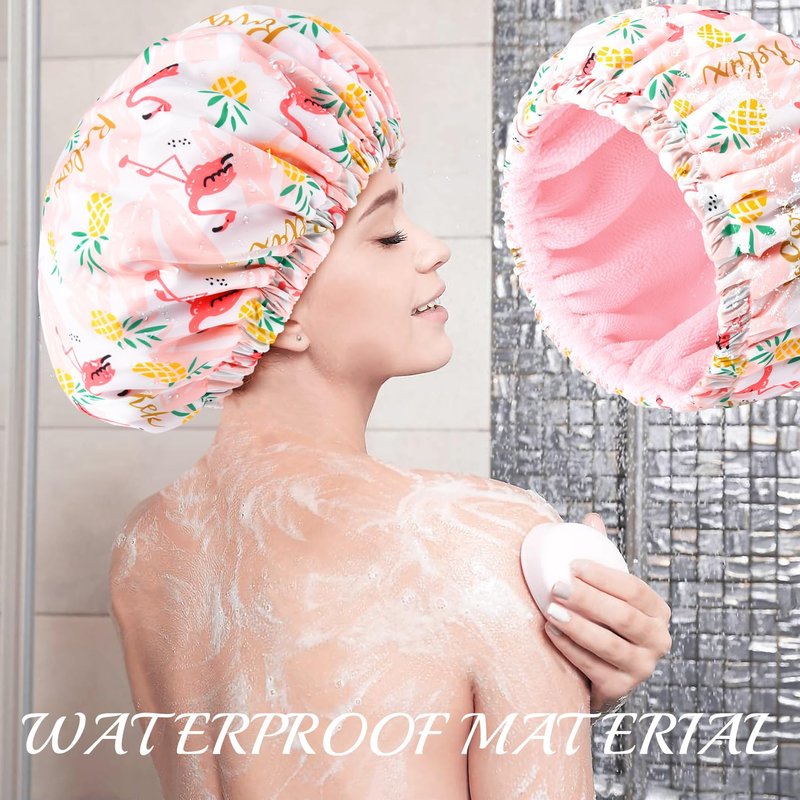 Shower Cap for Women Terry Lined Bath Cap Large Reusable Waterproof Elastic Band Pink Flamingo Shower Caps for Long Thick Hair Soft Bath Shower Hair Caps