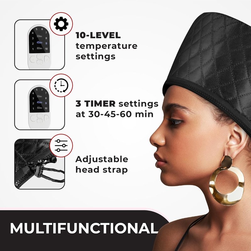 Hair Steamer for Natural Hair - 10-Level Adjustable Heat, Deep Conditioning Thermal Cap | Set of 3
