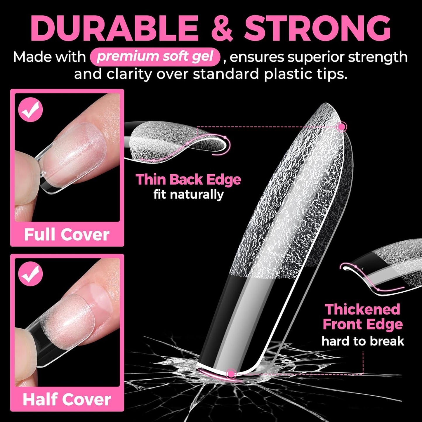 UNA GELLA Short Square & Squoval Nail Tips - 216 Pre-Etched Clear Acrylic Press-On Nails | 12 Sizes for DIY Salon Use