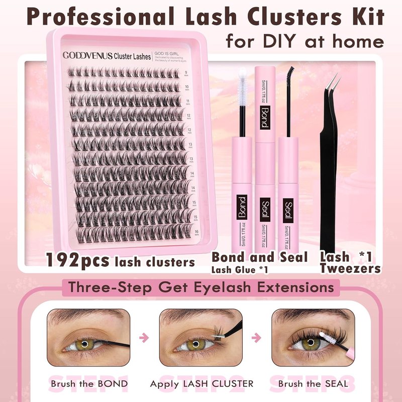 Goddvenus Lash Clusters Kit - DIY Wispy Eyelash Extensions with Waterproof Glue & Tweezers | 192pcs D Curl