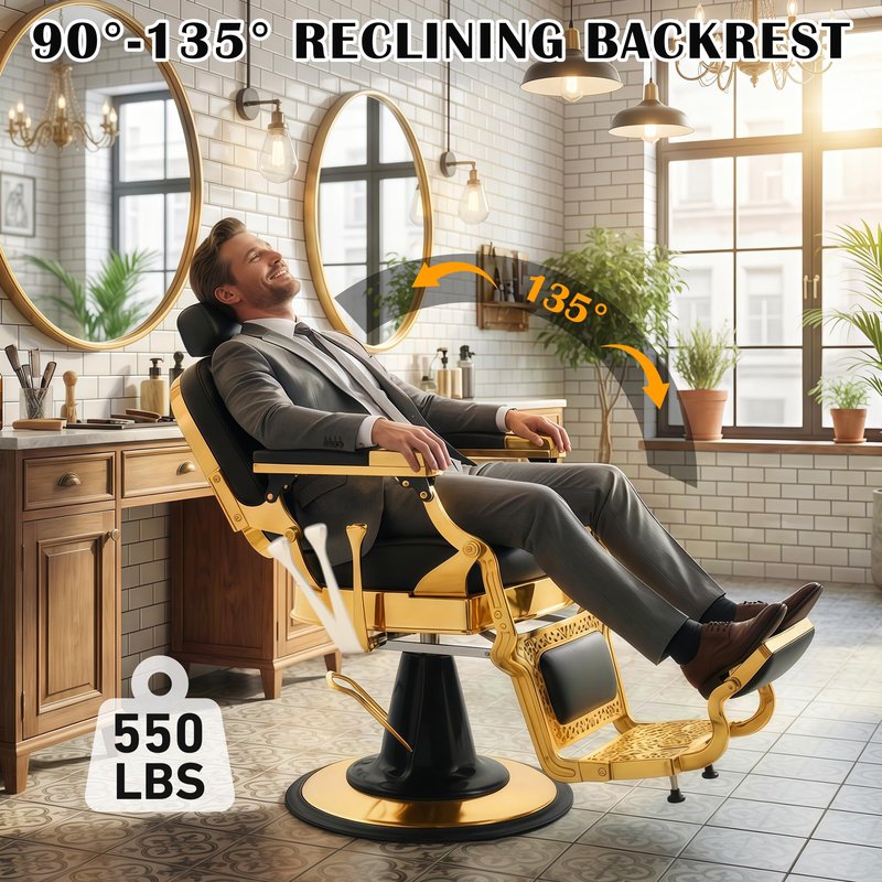 Luxitero Vintage Barber Chair Reclining Black Gold,Heavy-Duty Barbershop Chair,Retro Styling Hair Salon Chair, 550 lbs Capacity