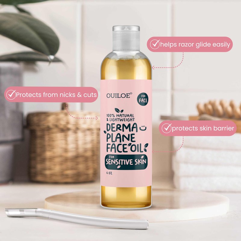 Dermaplane Oil for Sensitive Skin - Non Comedogenic Face Shaving Oil for Women - Safe for Acne Prone Skin - Fragrance Free, Natural, Non Greasy, Hydrating for Pre & Post Dermaplaning 2oz by Ouiloe