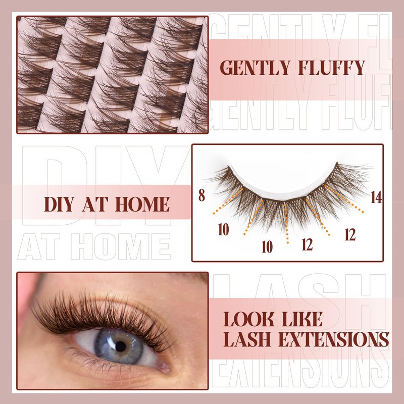 Brown Lash Clusters Kit Natural Dark Brown Eyelash Extensions Kit Wispy Individual Lashes C-Curly Cluster Lashes Extensions with Bond and Seal Lash Glue and Eyelashes Tweezers Lash Kit