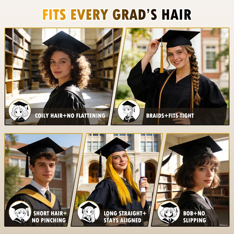 1pc Black Graduation Cap Headband Insert - Anti-Fall Grad Cap Headband for Curly Hair Secures Graduation Hat, Keep Hairstyle for Graduation Day,Essential Graduation Accessories for Women & Men Student