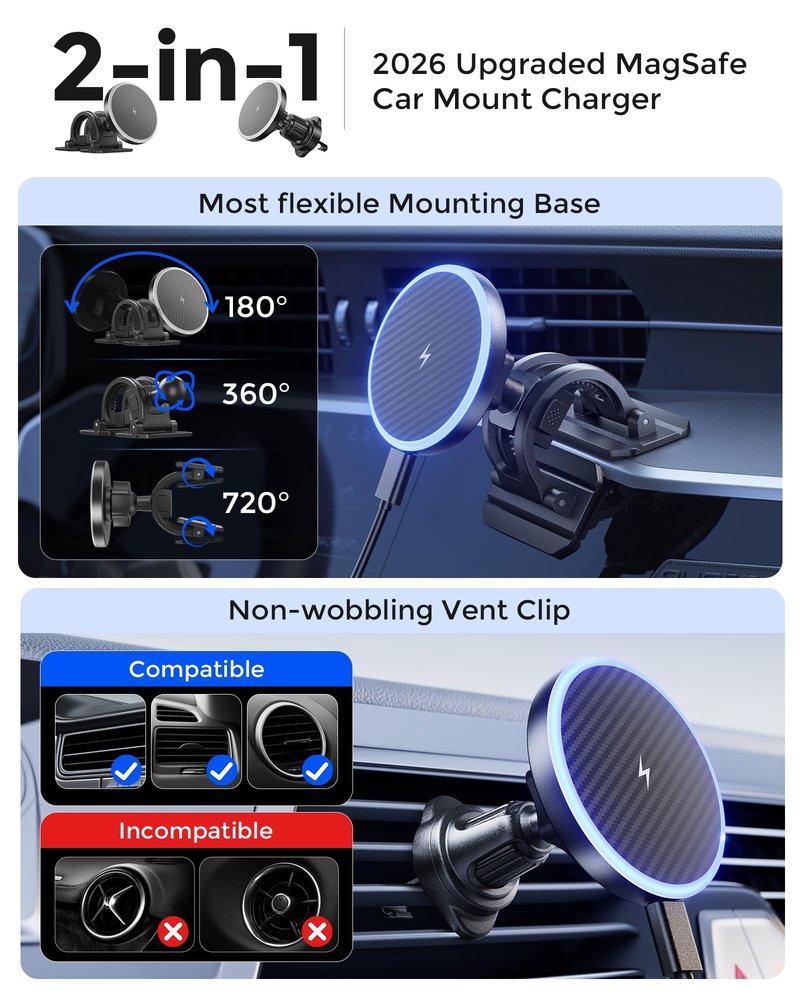 Estbuc 2-in-1 15W Magsafe Car Mount Charger, Magnetic Wireless Car Charger, 360° Dashboard & Air Vent Phone Mount, Phone Holders for Your Car, Car Accessories for Men Women for iPhone 17-12