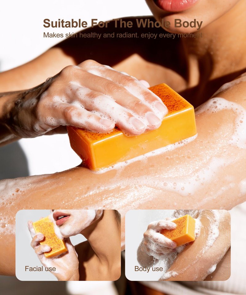 NOOROLA Lemon Turmeric Kojic Acid Soap, 4 Pcs Turmeric Soap Bar Infused with Hyaluronic Acid, Vitamin C，E, Shea Butter for Face & Body Deeply Clean, 3 Foam Nets