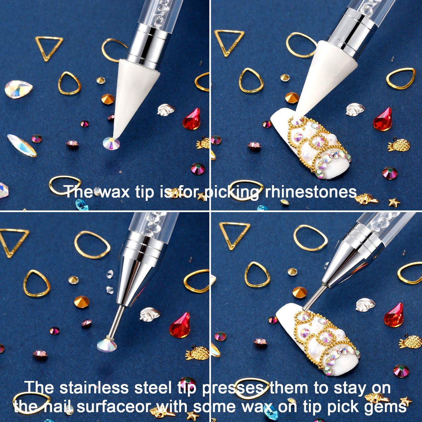 Tatuo Dual-Ended Rhinestone Picker Pen - Crystal Beads Handle for Nail Art & DIY Decoration (White)