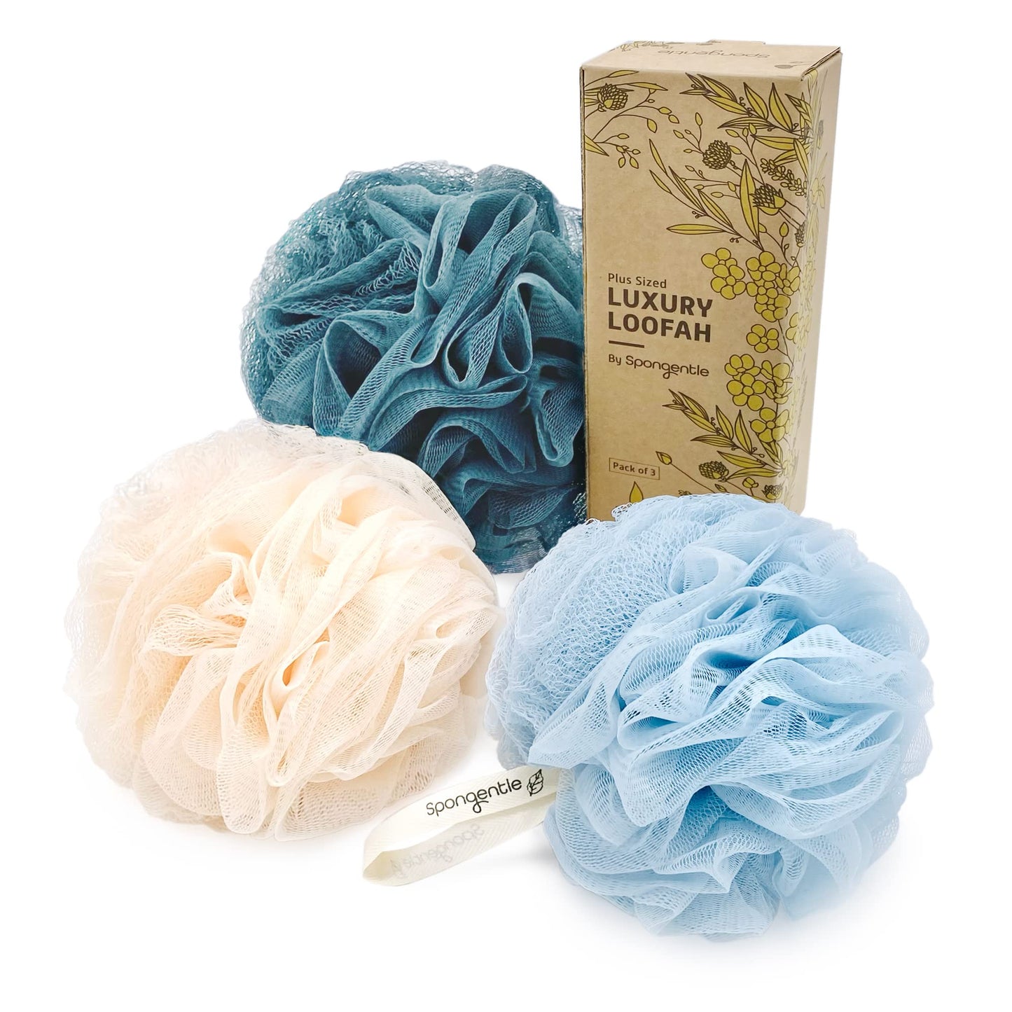 Spongentle Shower Loofah Bath Sponge, Body Scrubber with Soft Mesh, Exfoliating Bath Pouf and Body Wash Sponge for Women and Men, Bath Accessories Cleaning Tool, Large 70g 3 Pack