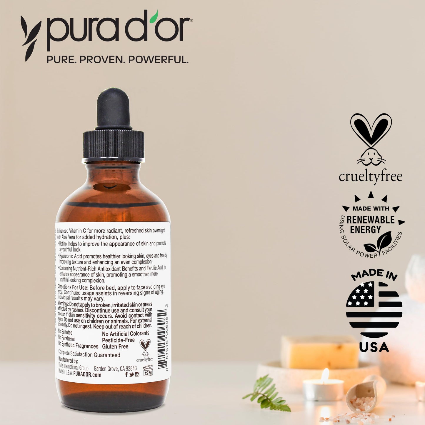 PURA D'OR 20% Vitamin C Facial Serum 4 Oz Antioxidant Anti-Aging Blend w/Retinol, Hyaluronic Acid, Ferulic Acid - Hydrating Lightweight Ayurvedic Skin Care - Men Women Daily Use