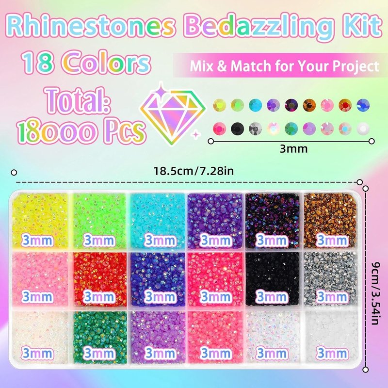3mm Rhinestones Bedazzling Kit - 18000 Mixed-Color Flatback Gems for Crafts | Includes Tools for Diamond Art, Shoes & Makeup