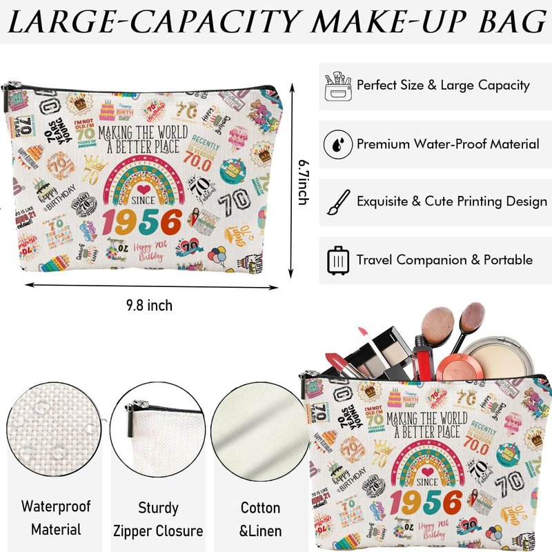 NONETH 70th Birthday Gifts for Women & Mom, 1956 Year Gifts Makeup Bag, 70 Year Old Decoration Gifts for Grandma Wife, Cosmetic Bag Organizer Zipper Pouch Gift for Retirement Anniversary