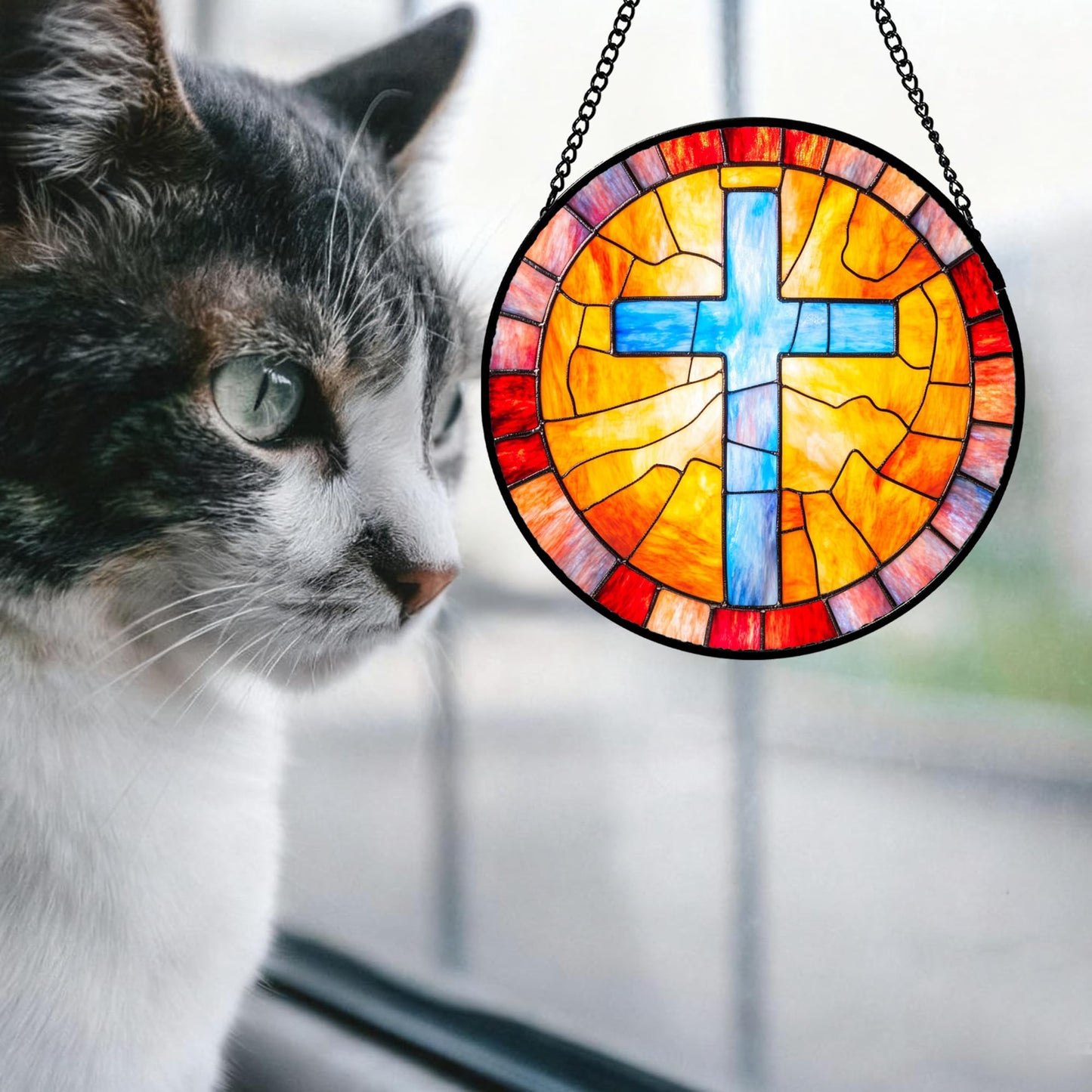 QZQCBLC Christian Gifts for Women - Blue Jesus Cross Stained Glass Window Hanging Easter Orange Sun Catcher Garden Religion Decor Mother's Day Catholic Gift for Men Grandma Nana Dad Mom Her 6.3"