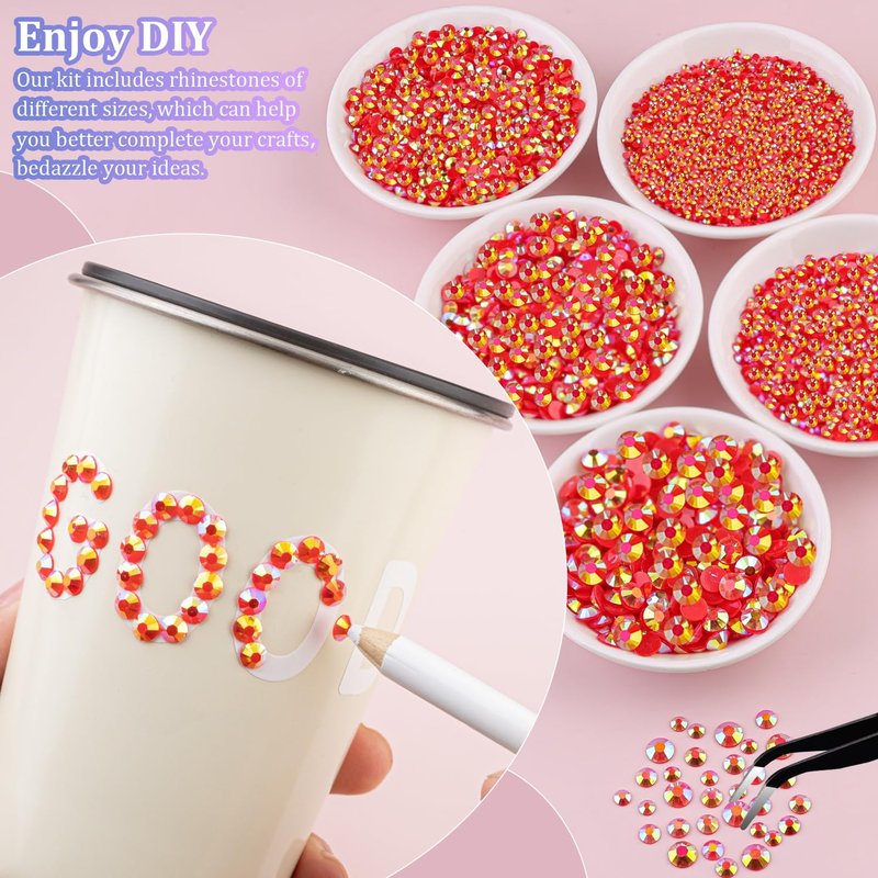 30000Pcs Resin Rhinestones for Bedazzling with Tweezers, Red AB Rhinestones for Crafting with 3Pcs 10ml B7000 Jewelry Glue for DIY Crafts Clothing Tumblers Shoes Fabric Nail Art
