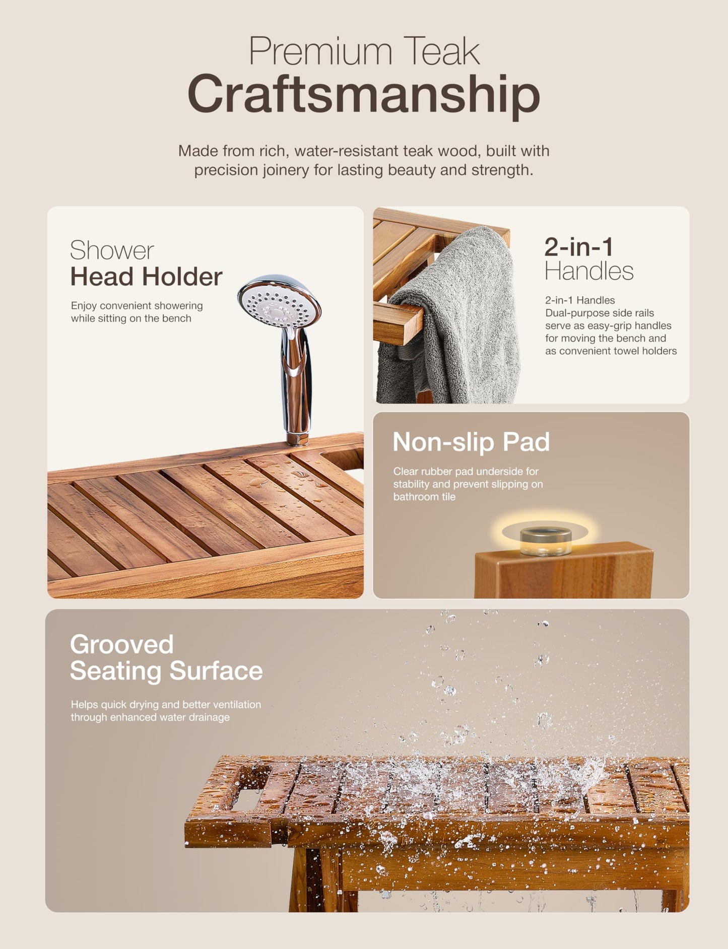 Tinamo 34”L Teak Shower Bench for Inside Showers- 400 Lbs Capacity-Teak Shower Stool, Wooden Bathroom Bench, Shower Chair for Inside Shower with Handles, Teak Benches, Wooden Bench with Shower Holder