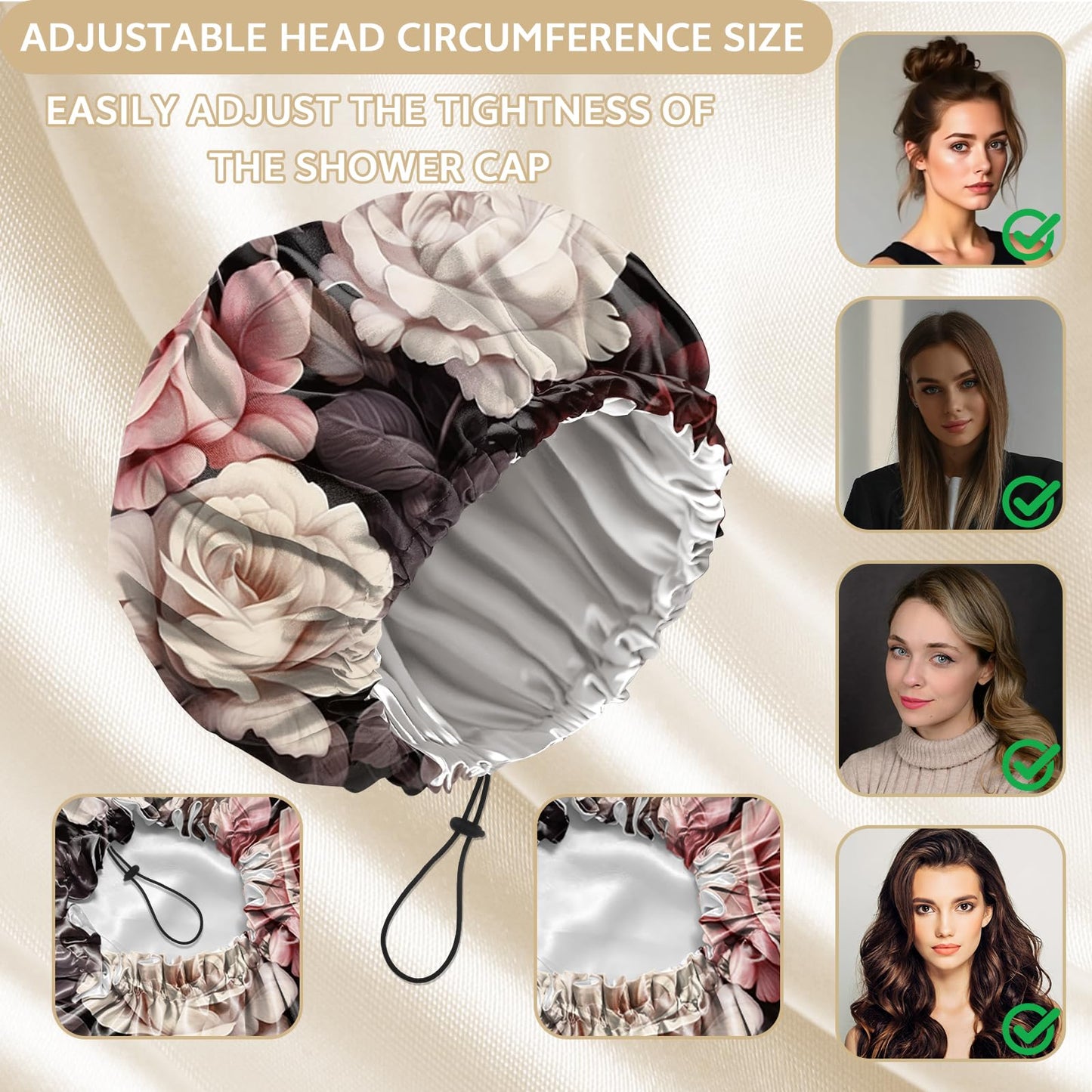 Zewurtuw Shower Cap Adjustable Waterproof Double Layer Elastic Reusable Hair Bath Cap Cute Aesthetic for Women Girls-Rose