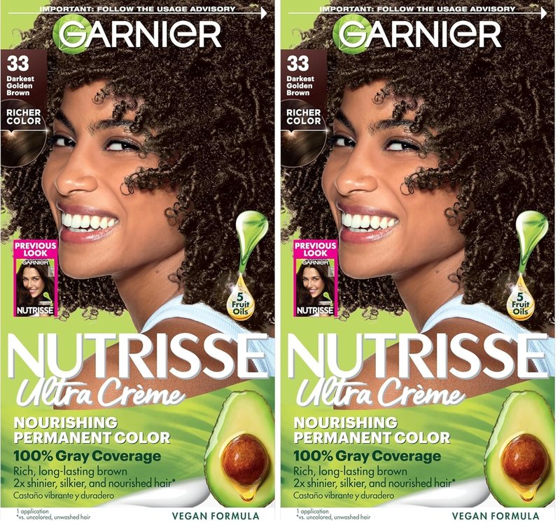 Garnier Nutrisse Ultra Crème Hair Color, Permanent Hair Dye with 100% Gray Coverage, Vegan & Cruelty-Free, 33 Darkest Golden Brown (Caramel Fudge), 2 Count