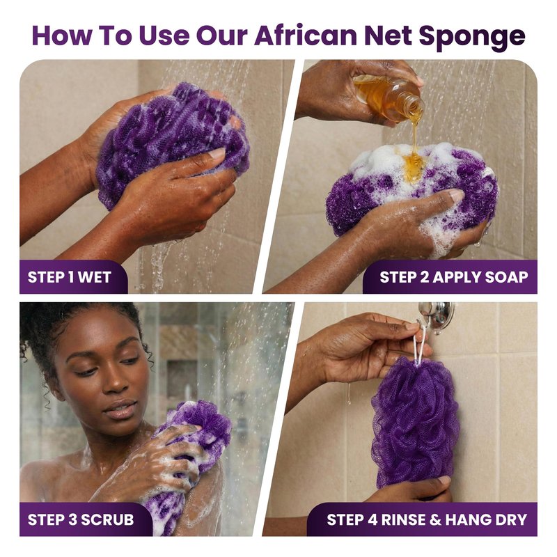 African Net Sponge Authentic (Sapo/Kessa), African Exfoliating Sponge Real African Net Black Owned, African Bath Sponge Back Scrubber, Body Exfoliator Shower Bath Accessories (Violet)