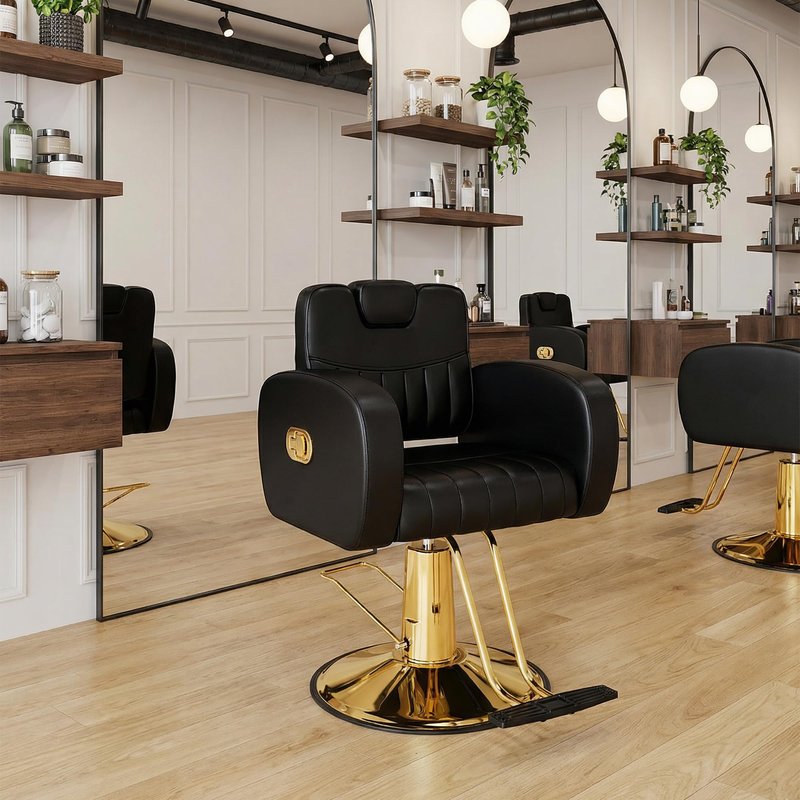 Baasha Black & Gold Reclining Salon Chair - All Purpose Hydraulic Barber Chair with Removable Headrest - Comfortable Styling Chair for Makeup, Lash, Tattoo, Braiding & Shaving, 440 lbs Cap.