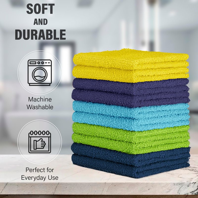 DecorRack 10 Pack 100% Cotton Wash Cloth, Luxurious Soft, 12 x 12 inch Ultra Absorbent, Machine Washable Washcloths, Assorted Set 3 (10 Pack)