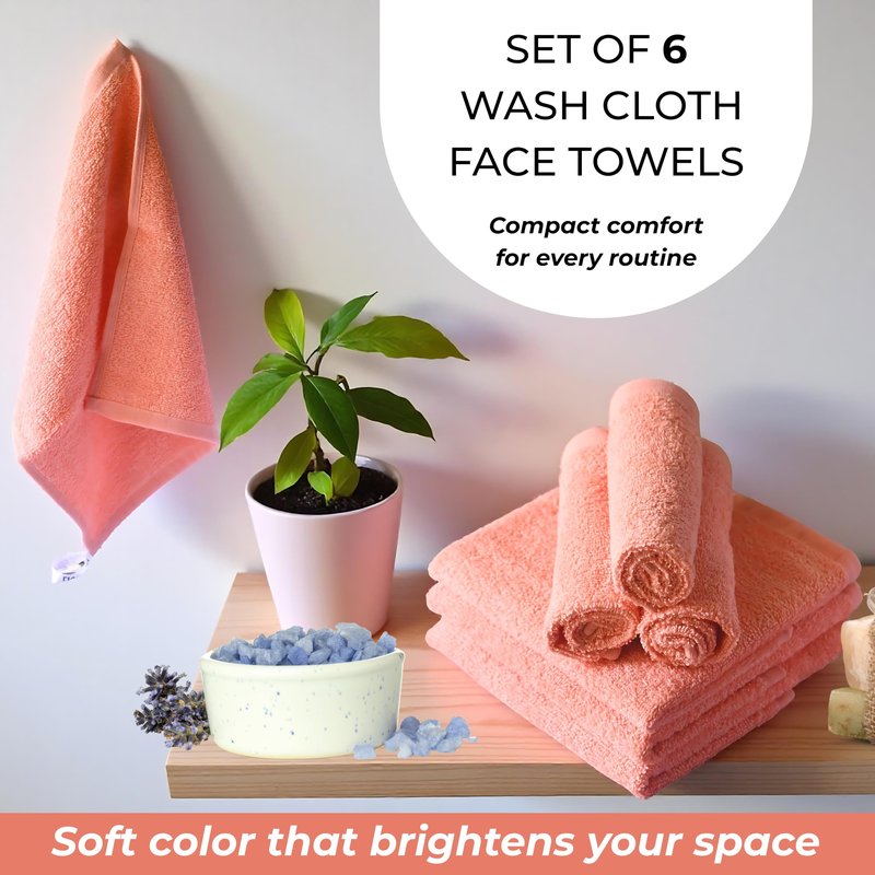 LIVINATI Peach 100% Cotton Wash Cloths for Showering Body and Face - 12"X12" 6 Pack Washcloths - Small Terry Towel Bath Rags for Adults and Kids Bathroom - Soft Absorbent