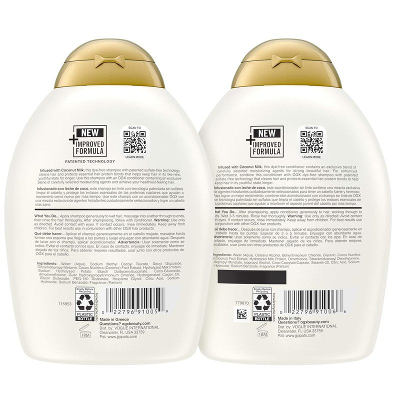 OGX Nourishing Coconut Milk Shampoo & Conditioner Set - Hydrating & Softening | 2 x 13 fl oz