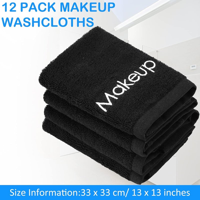 Panelee 12 Pcs Makeup Washcloths - Black Cotton Face Towels for Cleansing & Skin Care | 13 Inch Absorbent Cloths