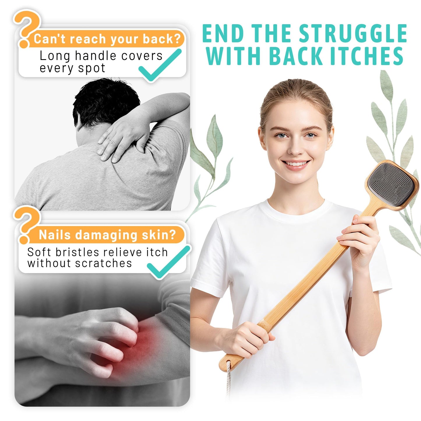 Long Handle Back Scratcher with Dual Sided Silicone Bristles, Bamboo Wood Body Brush with Hanging Loop