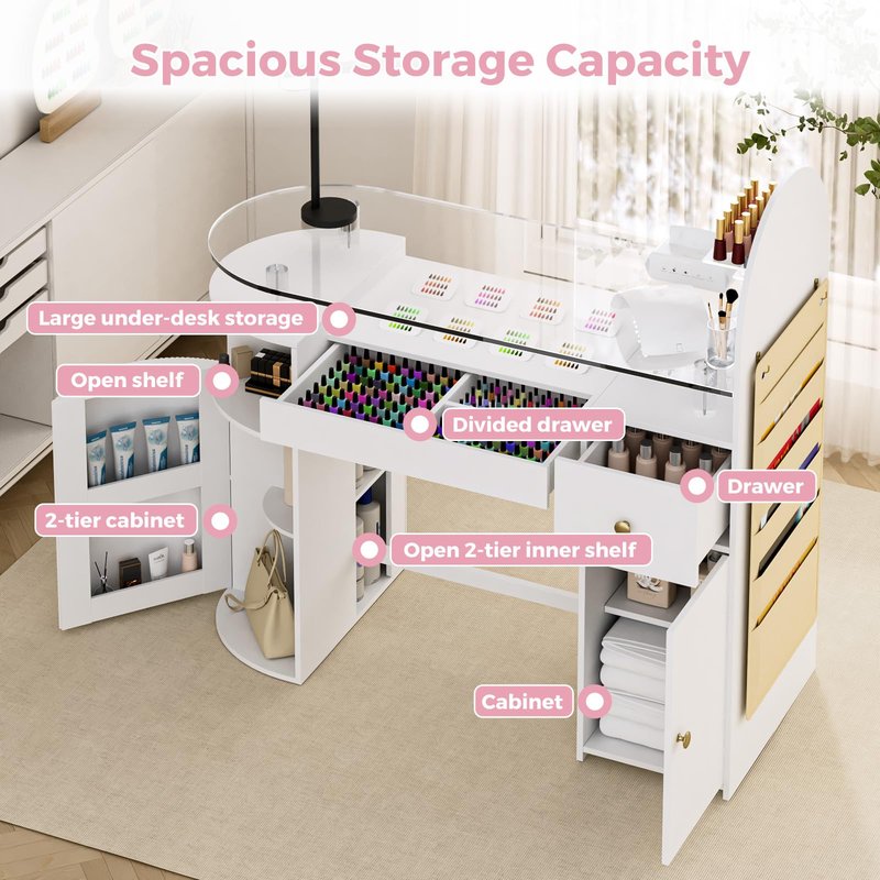 HolaiNail Manicure Table Nail Station with Tempered Glass Top, Professional Nail Tech Desk with Storage Cabinet & Drawer, Acetone Resistant, for Nail Beauty Salon Workstation(White)