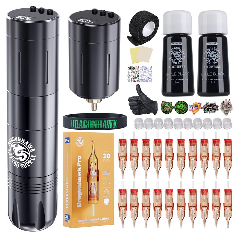 Dragonhawk X3 Pro Wireless Tattoo Gun Kit Cartridge Pen Machine with 2Pcs Replaceable Rca Batteries 20 Pro Needles Complete Beginner Supplies for Practice