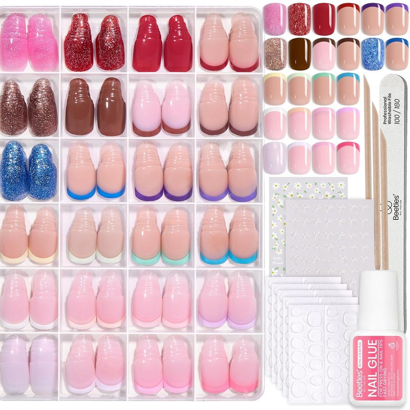 Beetles Press On Nails Kit - 720 Pcs Candy Mix | 24 Colors Short Square Nails with Glue & Stickers
