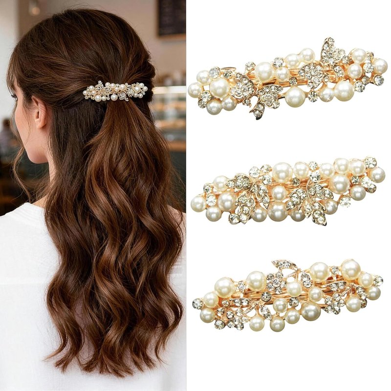 Gold Pearl Hair Clips - French Rhinestone Barrettes for Women | Decorative Clips for Weddings & Everyday Wear