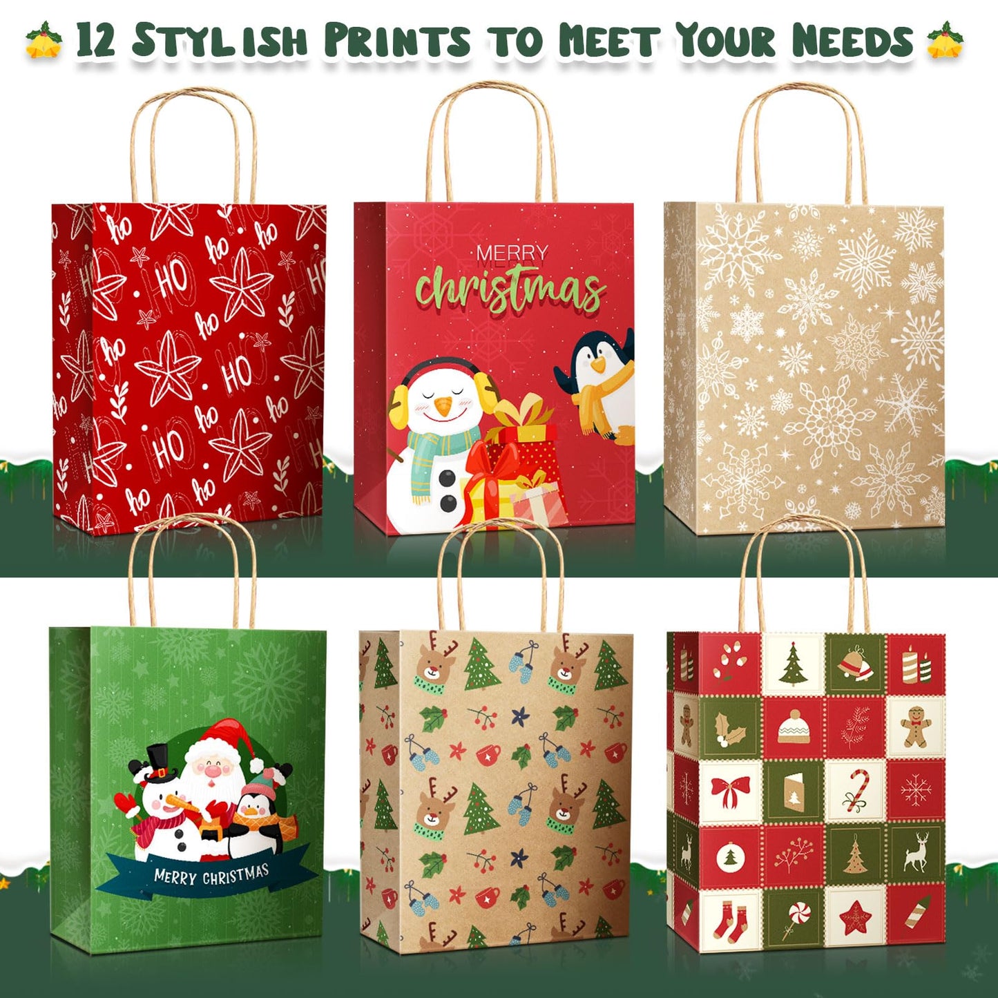 DeckTheHalls 24 Pack Christmas Gift Bags with 12 Stylish Prints, Christmas Tote Bags with Sturdy Handle, Reusable Xmas Kraft Gift Bags for Holiday Gifts, Party Favors, Ideal for Wrapping Gifts