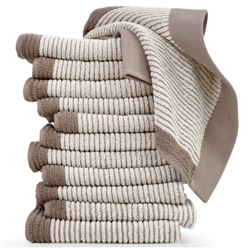 Cleanbear Wash Cloths 12 Pack, Jacquard Weaved Cotton Washcloth for Body and Face, 13.5 by 13 Inches Soft Face Towels for Sensitive Skin (Light-Brown)