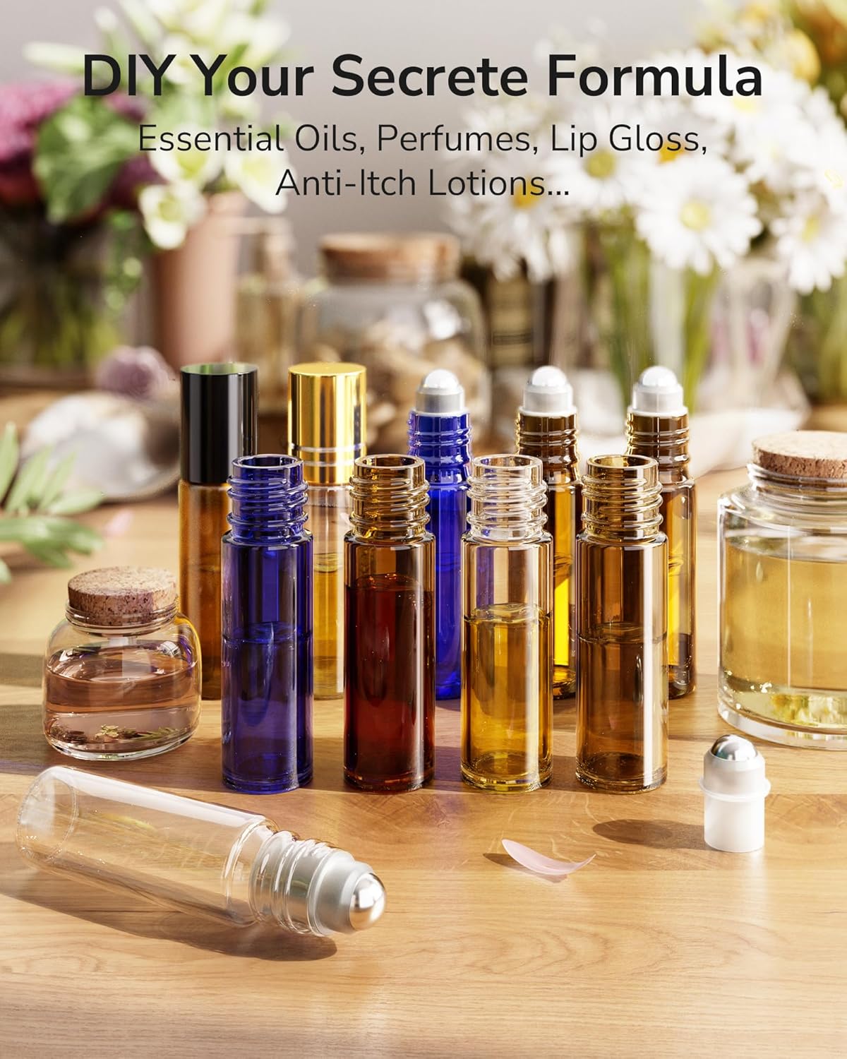 ULG 48-Pack Essential Oil Roller Bottles - 10ml Amber Bottles with Stainless Steel Roller Balls & Waterproof Labels