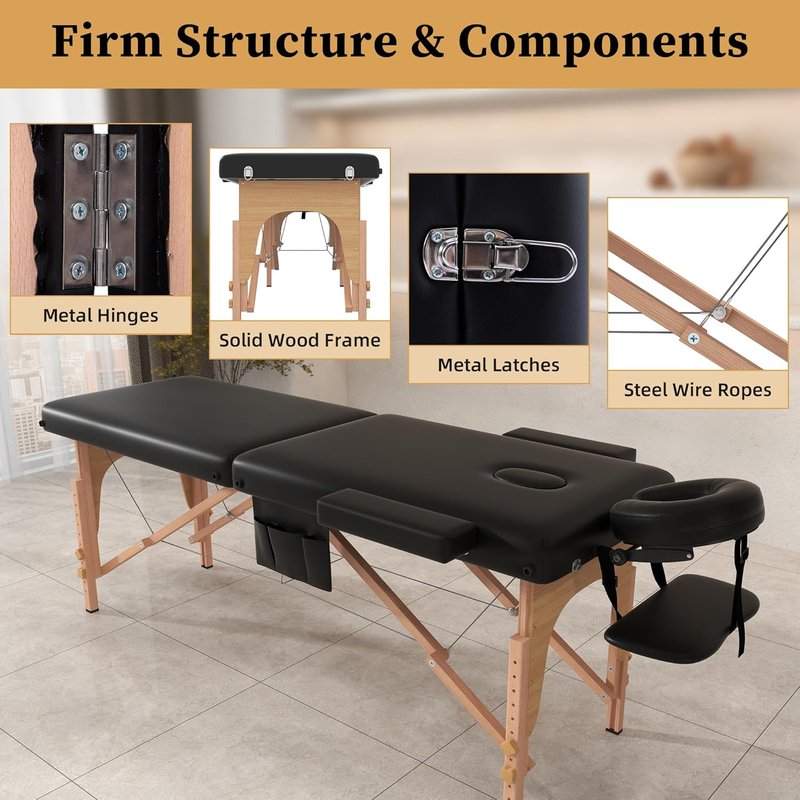 Civama Massage Table - Portable 2-Section Foldable Bed | Lightweight, Height Adjustable, Black with Carrying Bag