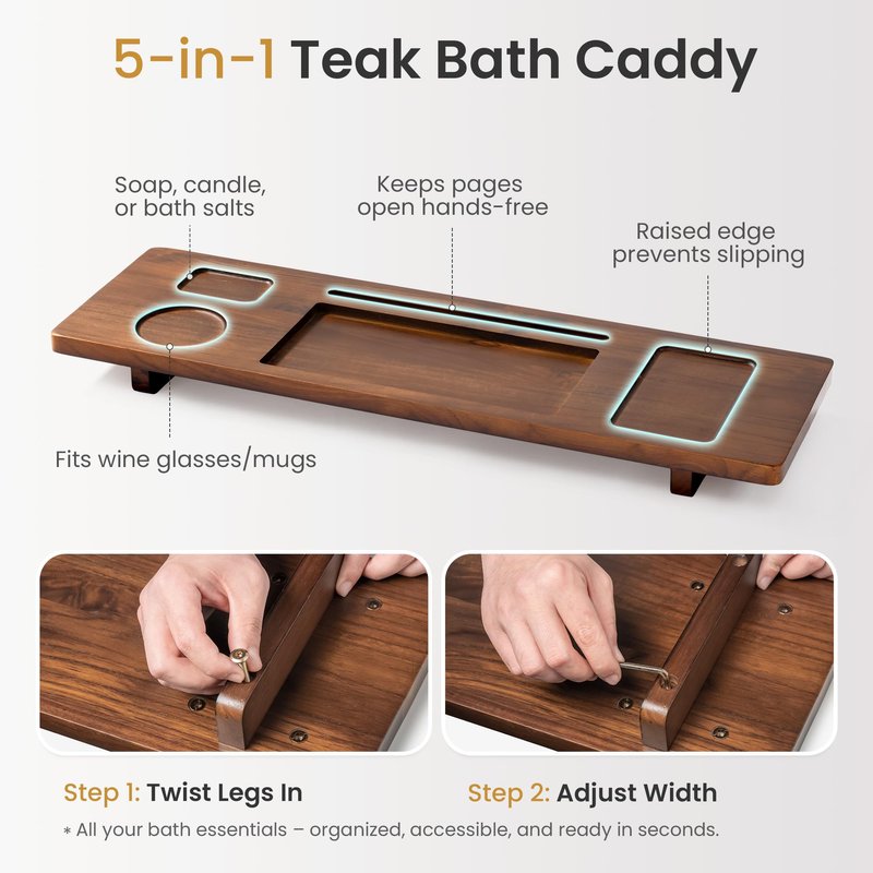 Realgulf Teak Bathtub Tray for Freestanding Tubs - 29" Heavy-Duty Luxury Bath Caddy, Non-Slip Zero-Wobble Design, Water-Resistant Spa Organizer with Wine Glass & Phone Holder
