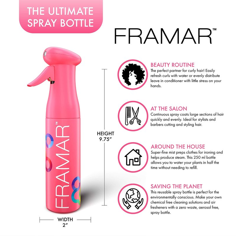 FRAMAR Premium Hair Mister Spray Bottle – Continuous Spray Bottle For Hair, Water Sprayer, Continuous Mister for Salon Supplies – Ultra Fine Mist – Pink 250 ml