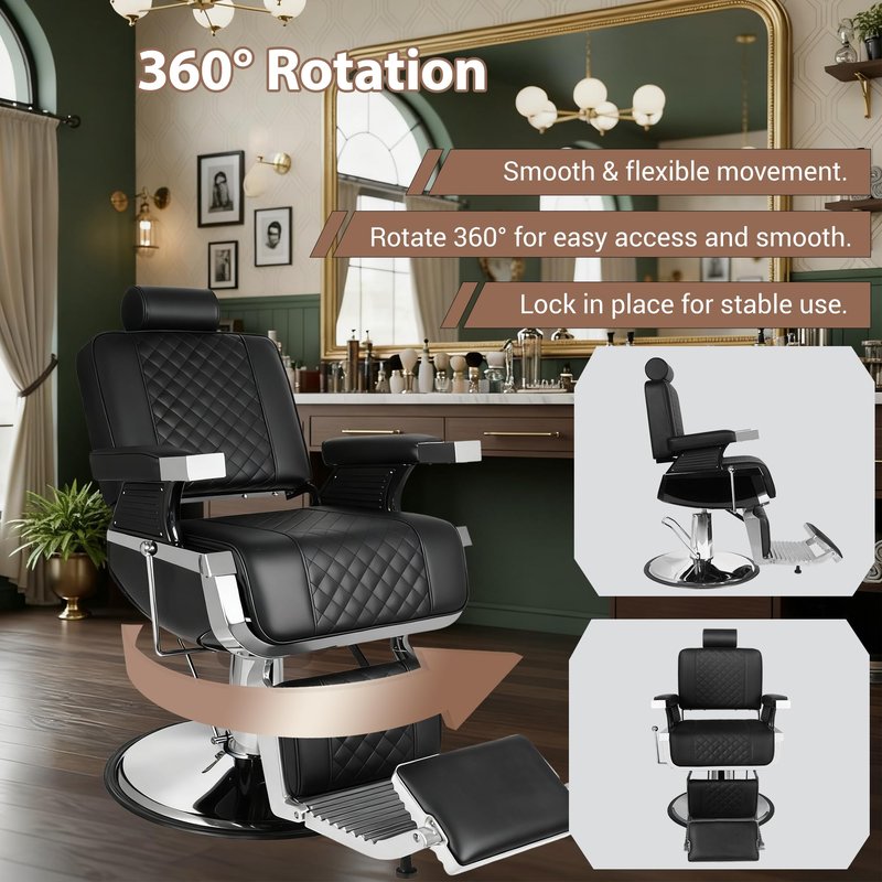 Reclining Barber Chair, Heavy Duty Barber Chair for Barbershop, Hydraulic Barber Salon Chairs, Eisenhower Diamond Stitch PU Leather, Adjustable Headrest & Footrest, 360° Swivel, Black and Silver
