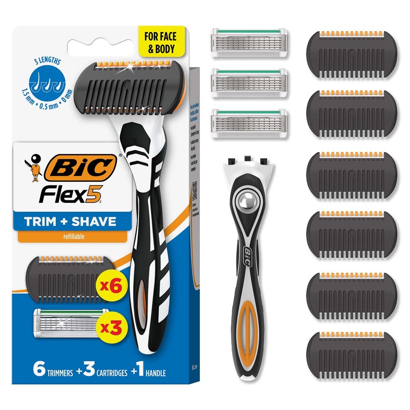 BIC Flex 5 Trim and Shave Men's Grooming Kit, 3-in-1 Beard Trimmer, Razor & Precision Edger, No Battery or Charging Required, 5-Blade Shave, Face & Body, 3 Cartridges + 6 Trimmers
