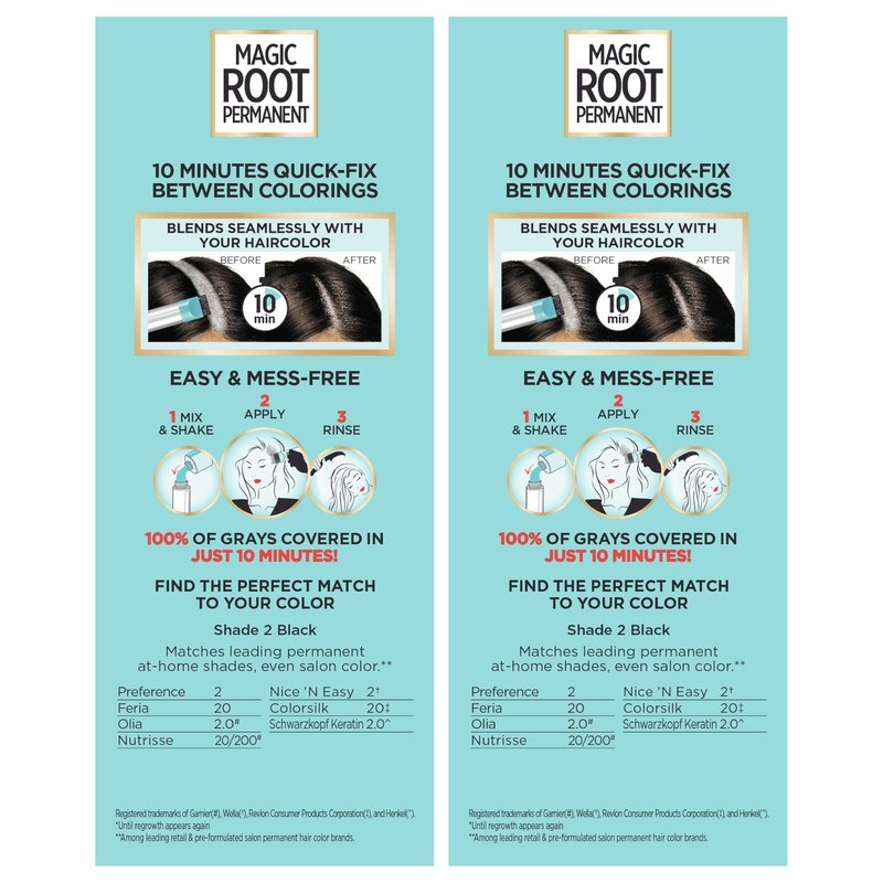 L'Oreal Paris Magic Root Permanent Hair Color Kit, 100% Gray Hair Coverage In Just 10 Minutes, Precision Brush Applicator for Seamless Application, 2 Black (2 Count)