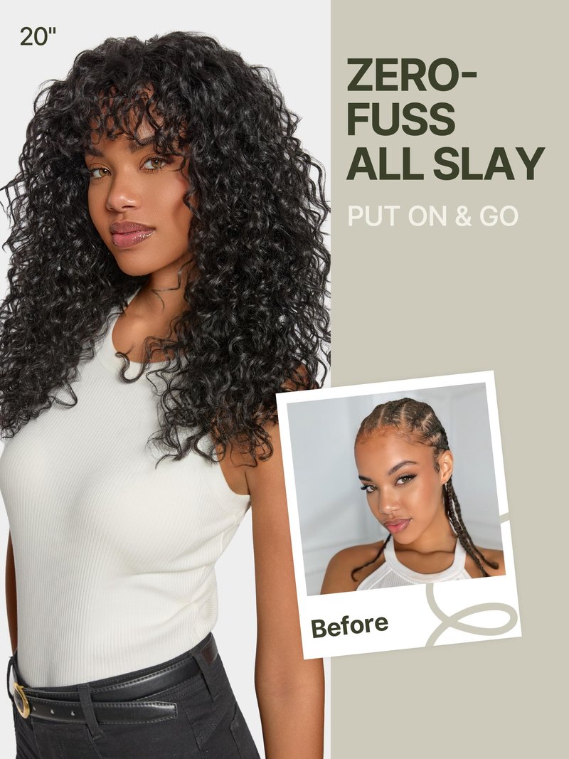 Frodio Veralux Fiber Blend Human Hair 20 Inches Shaggy Curl with Bangs Wig 200% Density Wigs Natural Black Ready to Go Glueless Wig for Women Realistic Look with True Scalp