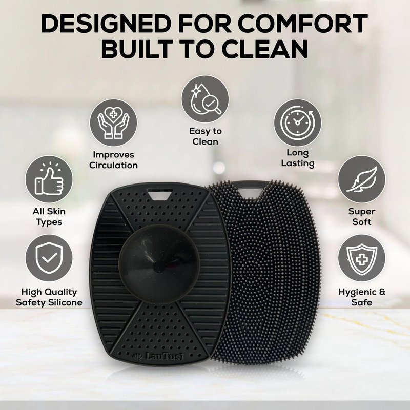 LauTus1 Silicone Body Scrubber — Suction Cup Mount & Hook, Gentle Exfoliating Shower Brush, Soft Loofah Alternative for Men, Women & All Skin Types — Graphite Black