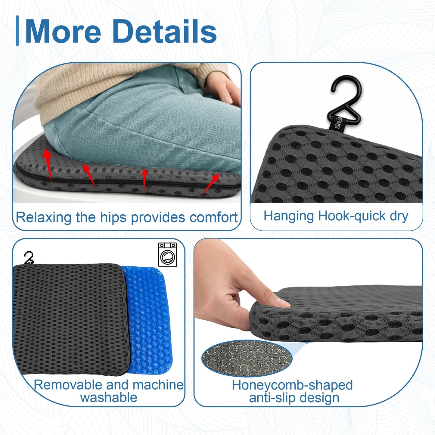 SPRING SEAON Shower Chair Cushion, Gel Shower Seat Cushion with Non-Slip Silicone Bottom, Quick-Dry Mesh Bath Seat Pad, Soft Washable Shower Bench Cushion for Seniors & Adults (Grey)