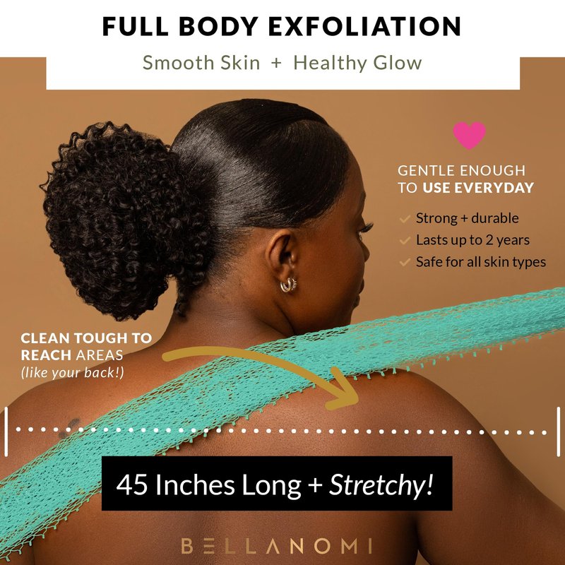 BELLANOMI 4 Piece African Exfoliating Net Sponge Long African Bath Sponge, Authentic Ethically Sourced from Nigeria, Great for Daily Use (Pink, Indigo, Seafoam, Blush)