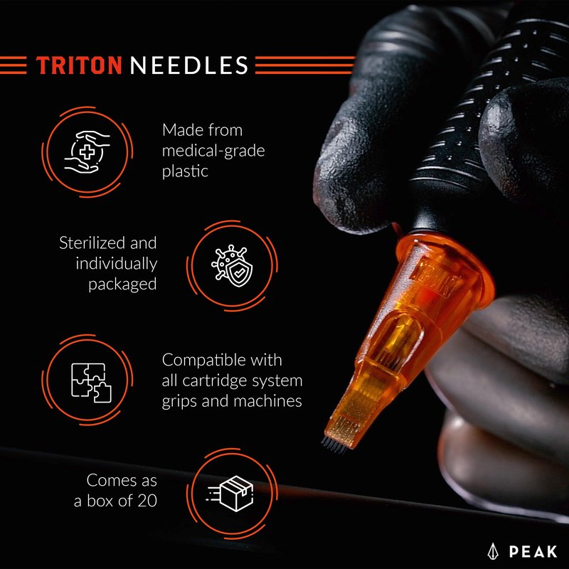 Peak Triton Cartridge Needles #12 (0.35mm) 3 Round Liner Long Taper (5.5mm), Professional Premium Tattooing Supplies, Box 0f 20