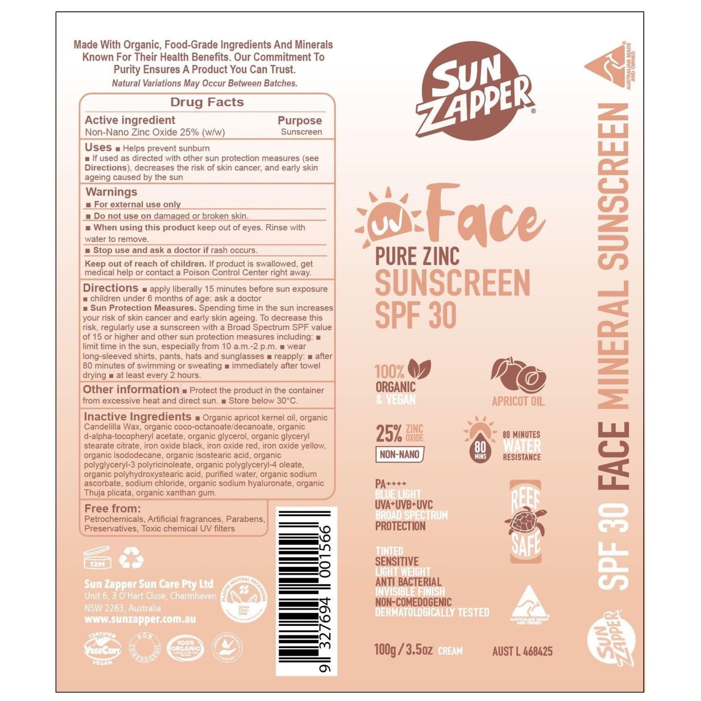Sun Zapper Face Pure Zinc Sunscreen SPF 30 Tinted – Organic Mineral Sunscreen, 25% Non-Nano Zinc Oxide, Lightweight Invisible Finish, Reef Safe, Vegan, 100g (3.5 oz) Pump, Australian Made