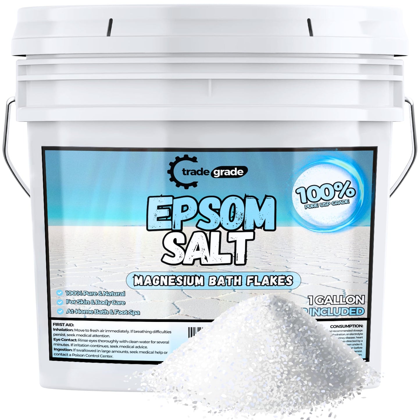 TradeGrade Epsom Salt Bath Soak 1 Gallon Bucket – Unscented, Pure Epsom Salt Bulk Crystals, Magnesium Sulfate for Full Body or Foot Soaks, Resealable Container for Home Bath Use