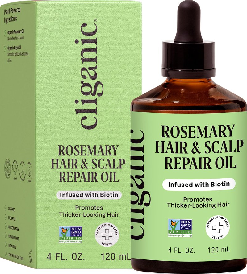 Cliganic Rosemary Hair & Scalp Oil with Biotin & Jojoba With Herbal Organic Ingredients - Serum To Smooth & Soften Frizzy, Damaged Hair, Split Ends & Dry Scalp, Promote Fuller-Looking Hair, 4 Fl Oz